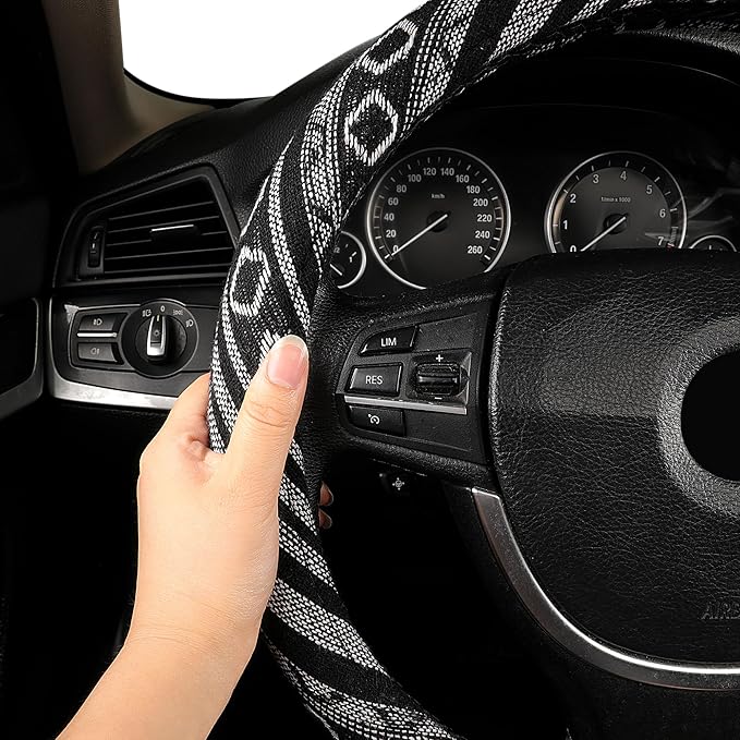 GXT 15 inch New Baja Blanket Car Steering Wheel Cover Universal Fit Most Cars Automotive Ethnic Style Coarse Flax Cloth (Black White)