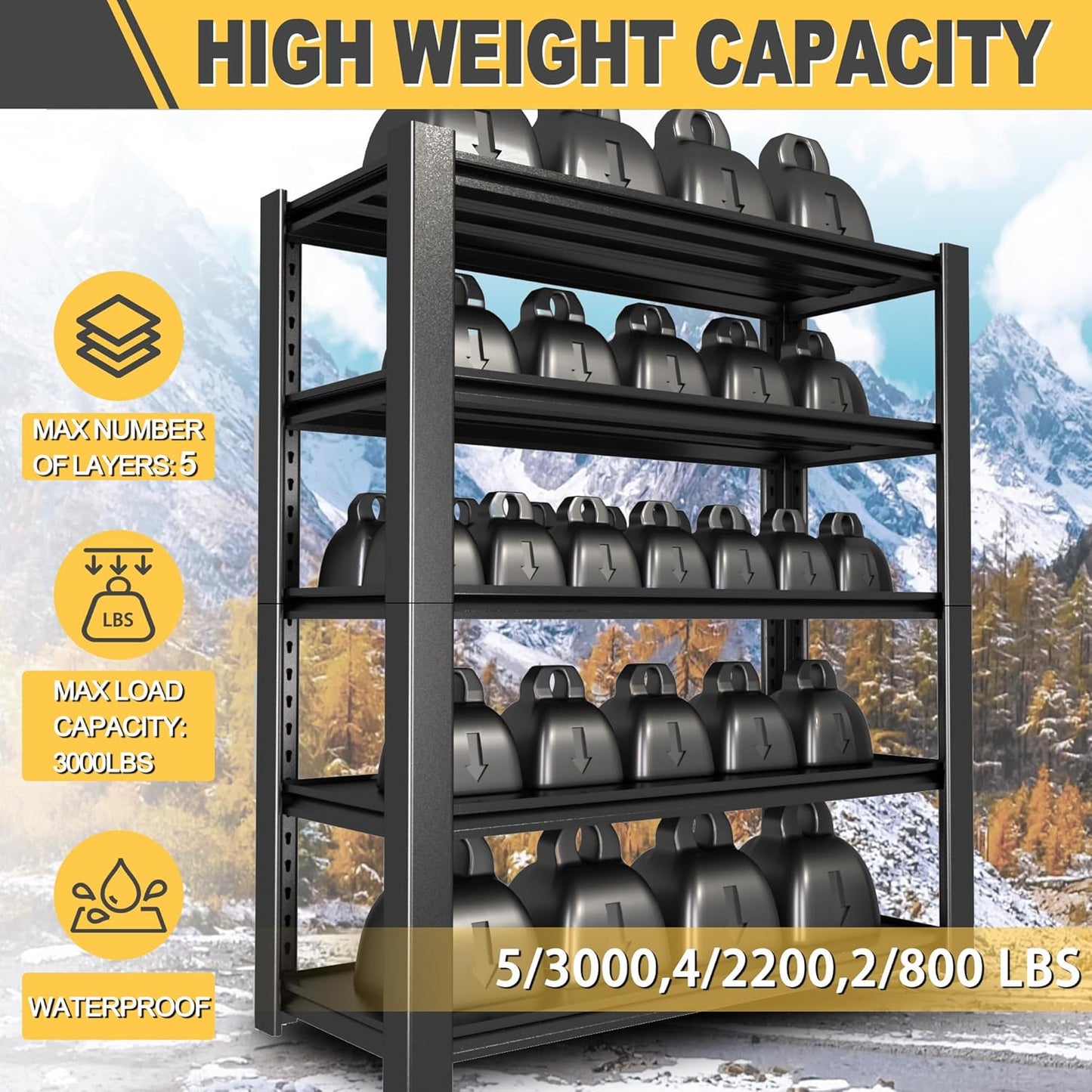 76" H x 60" W x 24" D 5-Tier Heavy Duty Garage Shelving Unit, 3000 LBS Capacity Metal Storage Rack,Adjustable Steel Shelves for Garage, Warehouse, Basement, Pantry, Workshop.1 Pack