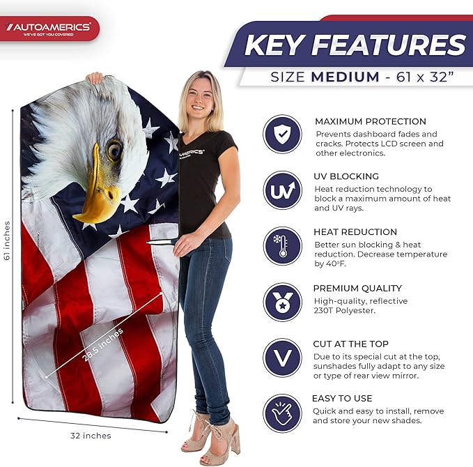 Autoamerics 1-Piece Windshield Sun Shade American Eagle Flag - 3 USA Patriotic Design - Foldable Car Front Window Sunshade for Sedans SUV Truck - Blocks Max UV Rays and Keeps Your Vehicle Cool Medium