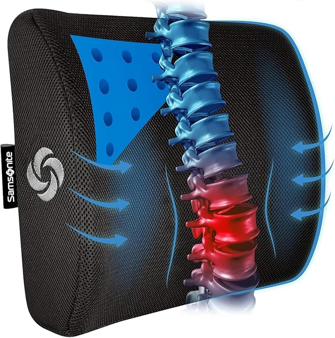 Samsonite Memory Foam Lumbar Support Pillow for Office Chair, Gaming Chair, or Car-Ergonomic Back Cushion-Home Essentials for Sitting Comfort and Posture Relief Back Support with Cooling Gel, Black