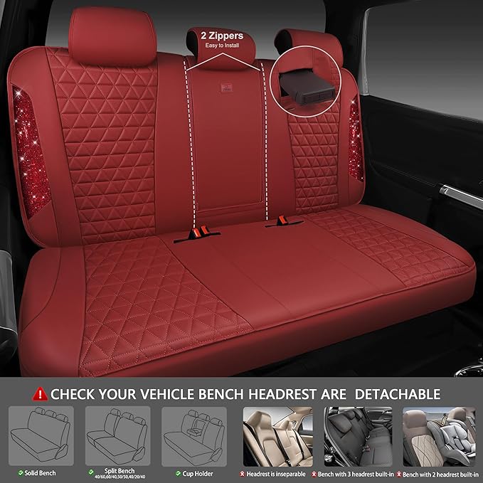 CAR PASS Bling Diamond Burgundy Leather Car Seat Covers Full Sets Interior Sets, Waterproof Shining Glitter Sparkly Crystal Universal Armrest Fit Automotive Truck SUV Cute Women Girl, Red Rhinestone