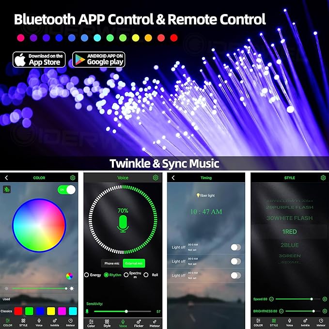 Twinkle Fiber Optic Lights,Bluetooth APP/Remote/Music Activate Starlight Headliner Kit with RGBW LED Light Engine,300pcs 9.8ft Mix Optic Fiber Cable for Car/Home/Party Star Light Ceiling