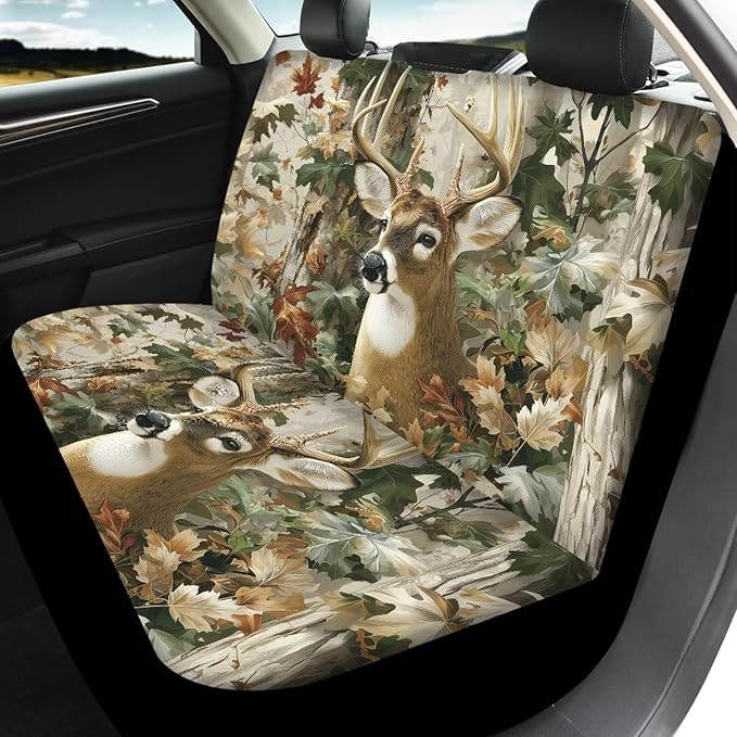 KEIAHUAN Camo Hunting Deer Car Front Back Seat Covers Front Bucket Seat Cover & Rear Bench Seat Protector Anti-Slip High Back Automotive Seat Covers Fit Most Vehicle Truck,SUV