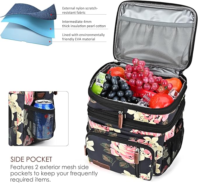 MIYCOO Lunch Bag & Lunch Box for Women Men, Double Deck Leakproof Insulated Soft Large Adult Camping Cooler bag for Work, Beach, Picnic, Travel (Flower, 15L)