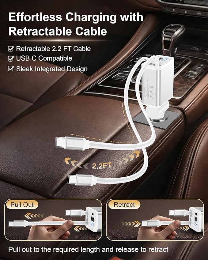 Retractable Charger Type C Cable for Google Pixel 10a 10 Pro Fold 10 XL 9a 9 8a, Fast Car Charger Adapter + Foldable Wall Plug Kit with Built in Type C Cord for iPhone 17e 17 Pro Max 17Pro 16e 16 15