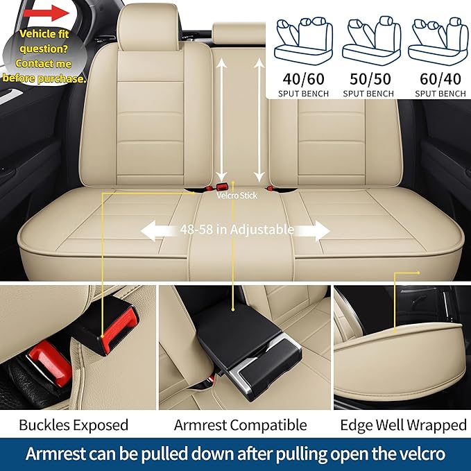 Chezope Car Seat Covers Full Set, Beige Leather Seat Covers, Breathable Front and Back Car Seat Protectors, Wear-Resistant Seat Covers Universal Fit for Most Cars SUV Truck (Beige-Stripes-A, Full Set)