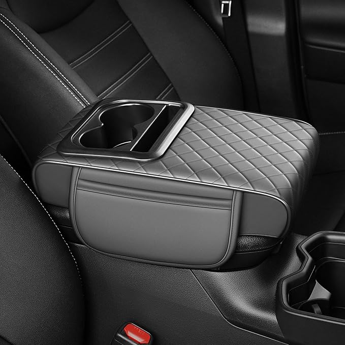 Center Console Cover Fit for Kia Forte 2010-2024 with 2 Storage Bags Waterproof Leather Quilted Pattern Car Armrest Cover Cushion Elevating Pad Anti-Slip(Grey)
