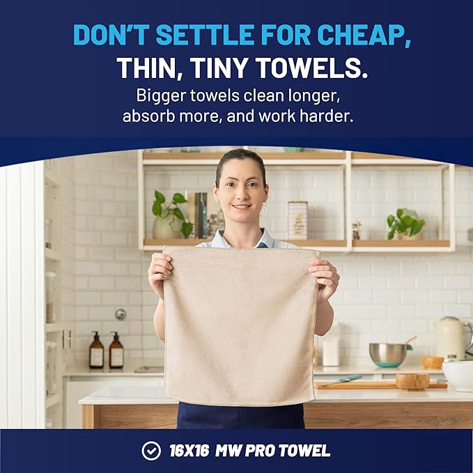 MW Pro Microfiber Cleaning Cloth | Sand | 12 Pack | 16” x 16” | All Purpose Microfiber Towels - Clean, Dust, Polish, Scrub, Absorbent