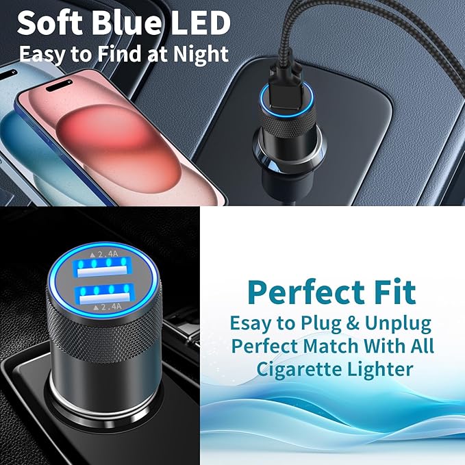 [Apple MFi Certified] iPhone Fast Car Charger, Braveridge 2Pack 4.8A Dual USB Car Power Cigarette Lighter USB Car Carplay Charger with Lightning Braided Cable for iPhone 14 13 12 11 Pro XS XR X 8 iPad
