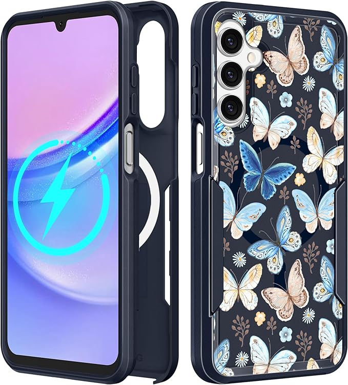 for Samsung Galaxy A14 5G Phone Case - Compatible with MagSafe Women Girls Cute Magnetic Protective Cover Girly Blue Butterfly Heavy Duty Shockproof Design for Samsung Galaxy A14 5G Cases