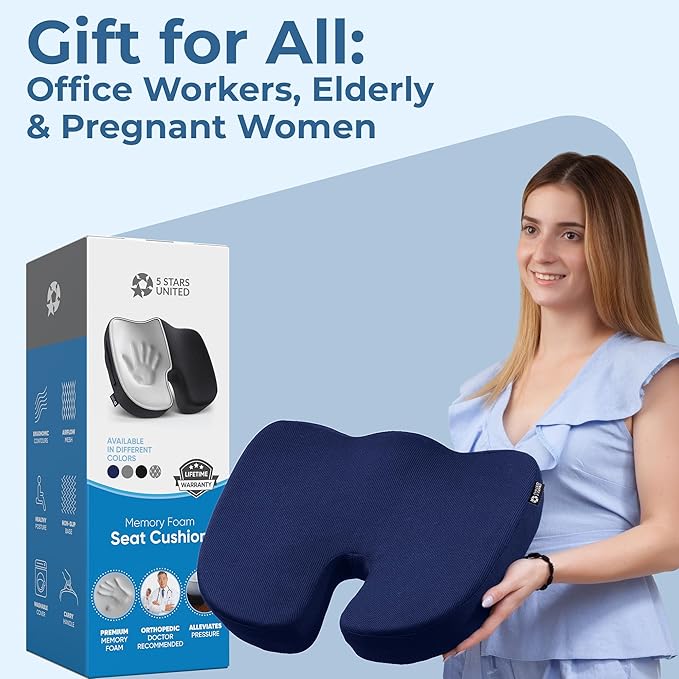 5 STARS UNITED Seat Cushion - Memory Foam Chair Cushion for Tailbone Pain Relief - Ergonomic Support for Coccyx, Sciatica & Butt - Office, Desk & Gaming Chair, Car Seat, Wheelchair, Airplane, Blue