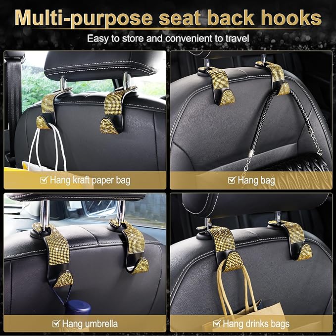 LivTee Car Seat Headrest Hook, Auto Seat Hook Hangers Storage Organizer Interior Accessories for Purse Coats Umbrellas Grocery Bags Handbag, 4-Pack(Bling Gold)