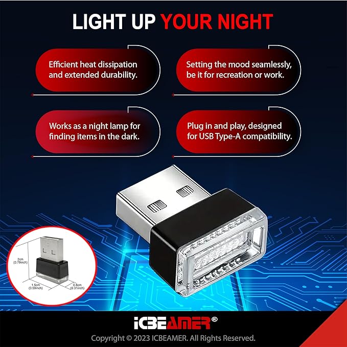 ICBEAMER USB Interface Miniature Night Light 1-Pack (White) | Universal Plug-in LED for Car Interior and Trunk Ambient Atmosphere