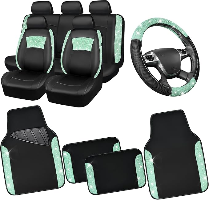 CAR PASS Universal Mint Leather Lace Car Seat Covers Full Set for Women Girls, Waterproof Car Floor Mats Carpet, Glitter Steering Wheel Cover for Car Accessories Interior Sets,10PCS Included