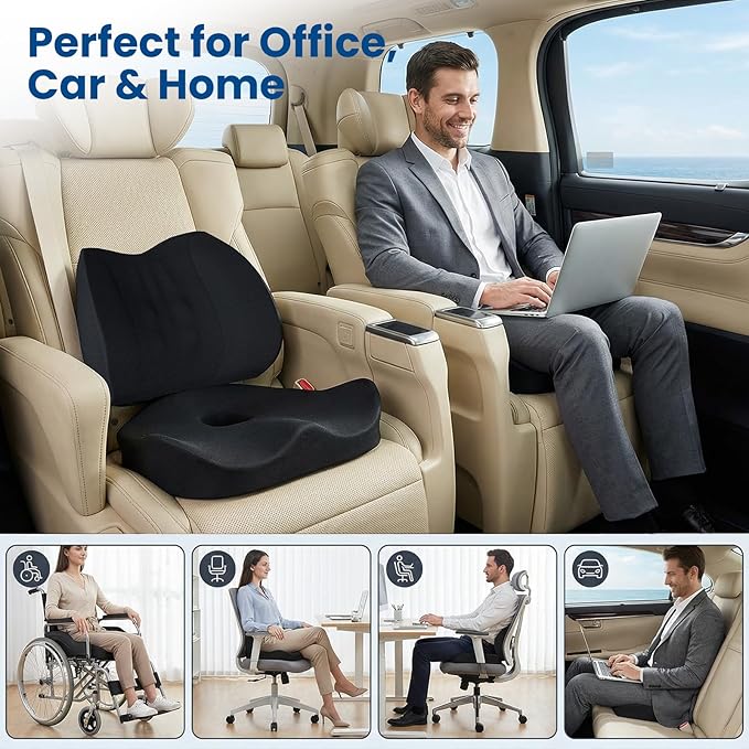 Seat Cushion Lumbar Support Pillow for Office Chair, X Large Memory Foam Chair Cushions for Sciatica Tailbone Pain Relief Coccyx Pad for Wheelchair, Car, Home, Office, Desk