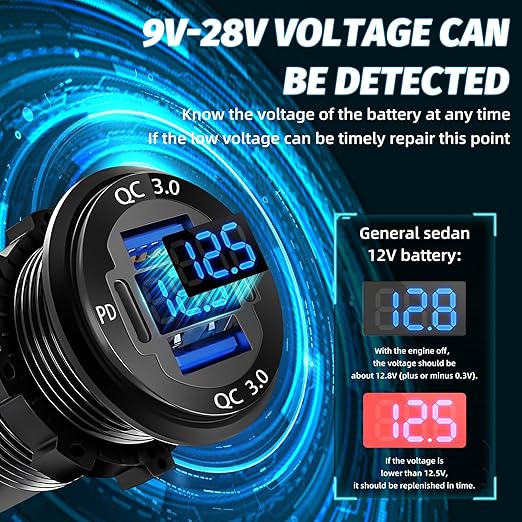 12 Volt USB Charger, 12v USB 4-Port Aluminum Alloy USB C Outlet with LED Voltmeter,Dual PD3.0 & QC3.0 for 12/24V Car Golf Cart Boat Marine Bus Truck RV Marine Motorcycle etc (Pack of Two)