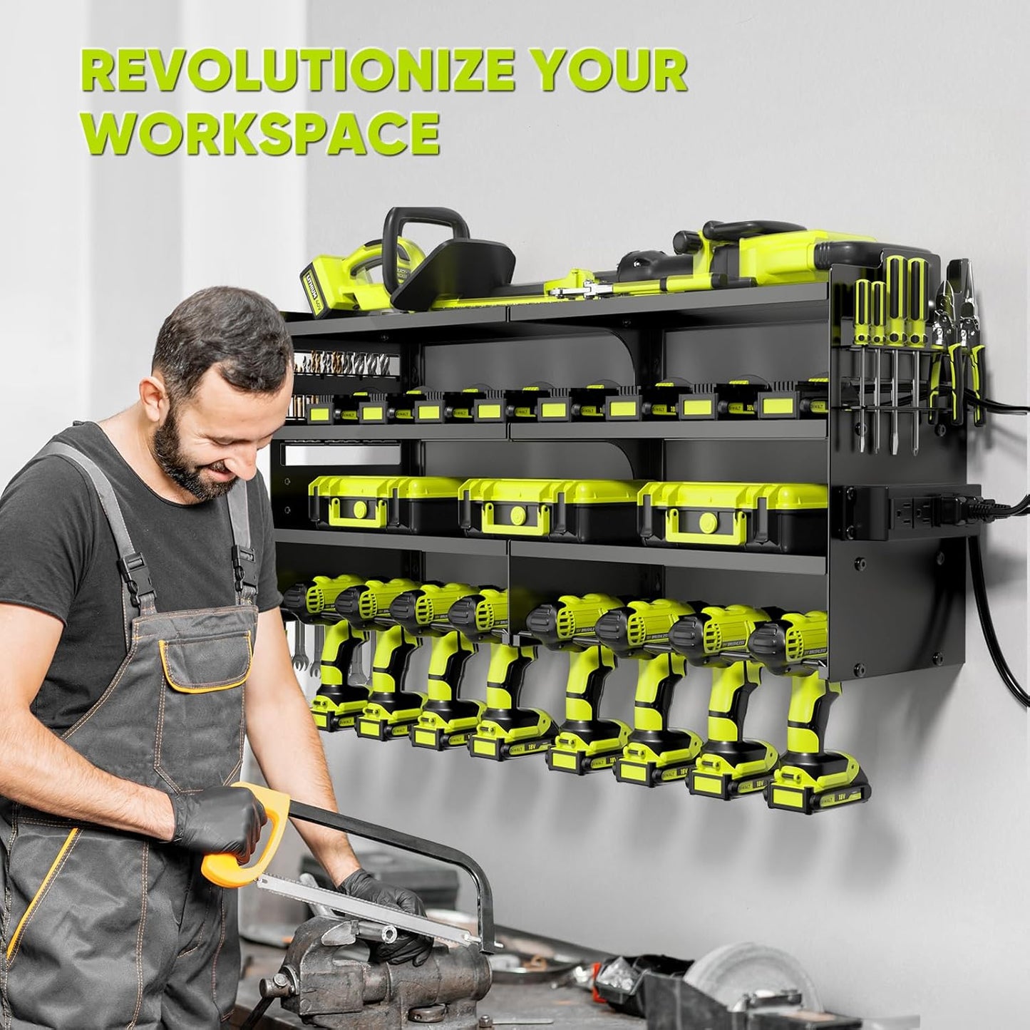 Large Power Tool Organizer Wall Mount with Charging Station,4 Layer Heavy Duty Metal Tool Storage Rack Loads 600lbs with 8 Cordless Drill Holder,Battery Utility Rack Loads with 4 Power Strip