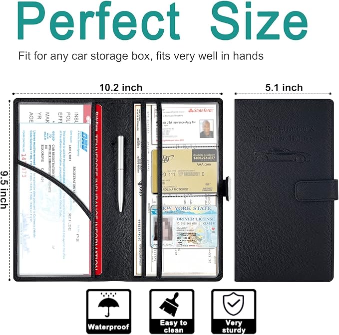 RSAquar Car Registration and Insurance Holder, Leather Car Glove Box Organizer, Cool Car Accessories for ID, Driver's License Cards & Essential Document, Men&Women, Black#2