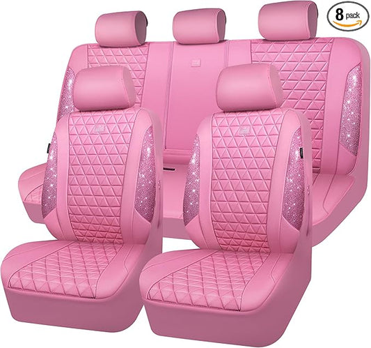 CAR PASS Bling Diamond Pink Leather Car Seat Covers Full Sets Interior Sets, Waterproof Shining Glitter Sparkly Crystal Universal Armrest Fit for Automotive Truck SUV Cute Women Girl, Pink Rhinestone
