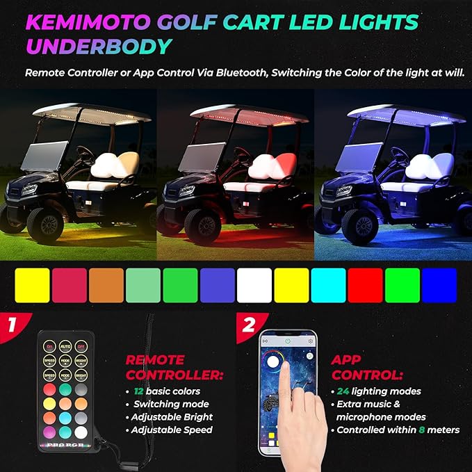 KEMIMOTO 12PCS Million Colors Golf Cart Underglow LED Strip Light Kit 12V Compatible with Club Car, EZGO, Drive, ICON, and Kandi, Waterproof IP68 Accent Neon Lighting Kit with 24 Modes, Multicolor RGB
