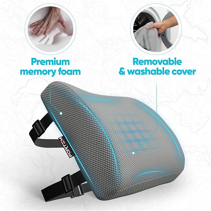 FORTEM Lumbar Support Pillow for Office Chair, Lumbar Support Pillow for Car, Back Rest for Gaming, Memory Foam Pillow, Desk Chair Cushion, Breathable & Washable Cover, Adjustable Straps