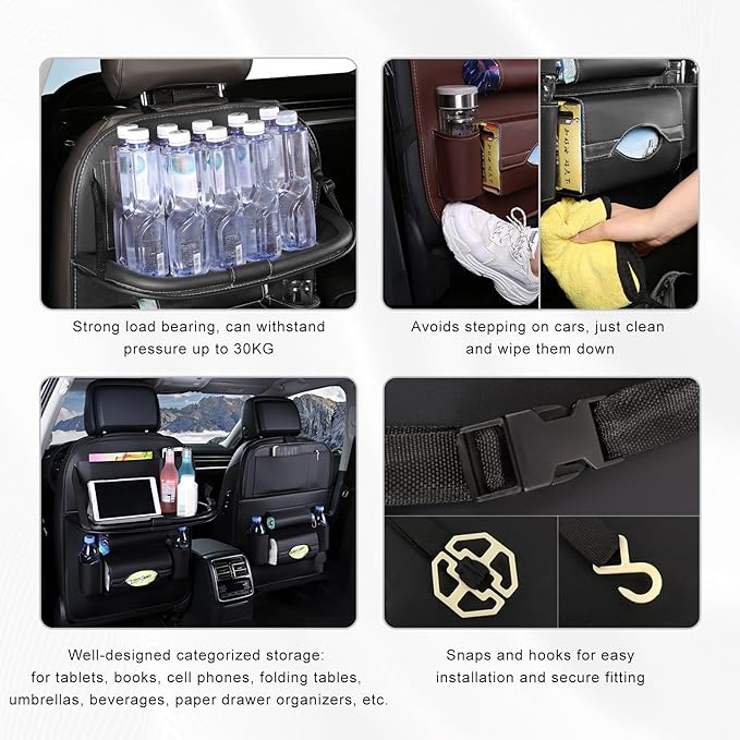 2PCS Car Backseat Organizer, Leather Multi-Pocket Seat Back Protector with Foldable Table Tray, Multifunctional Vehicle Storage Organizer Kick Mat for Kids Toddler Travel (Coffee)