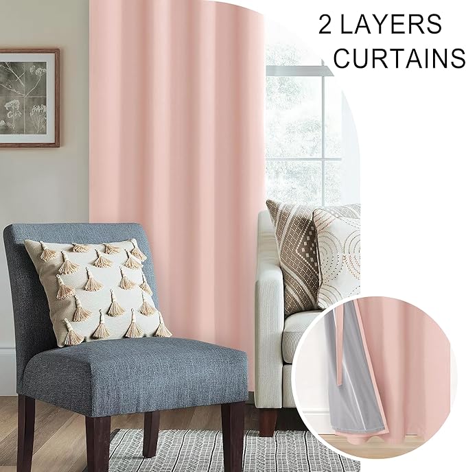XWZO 100% Blackout Curtains 2 Panels with Tiebacks- Heat and Full Light Blocking Window Treatment with Black Liner for Kid's Room, Grommet Top, Blush Pink, W42 x L54, Set of 2
