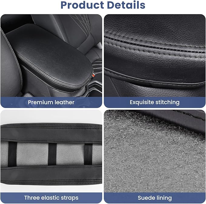 Center Console Cover for Toyota RAV4 2019-2025, Upgraded PU Leather Armrest Cover for RAV4 Adventure/Hybrid/XLE/LE/Limited/TRD Off-Road/Premium/XLE Premium (Black Stitching)
