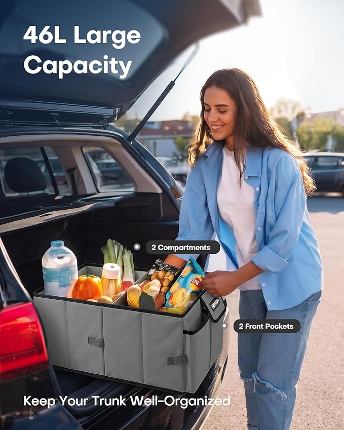 HOTOR Trunk Organizer for Car - Car Organizer, Foldable Trunk organizer for SUVs & Sedans, Sturdy Organization for Car Accessories, Tools, Sundries, Grey, 2 Compartments, 21.3"×12.6"×10.6"