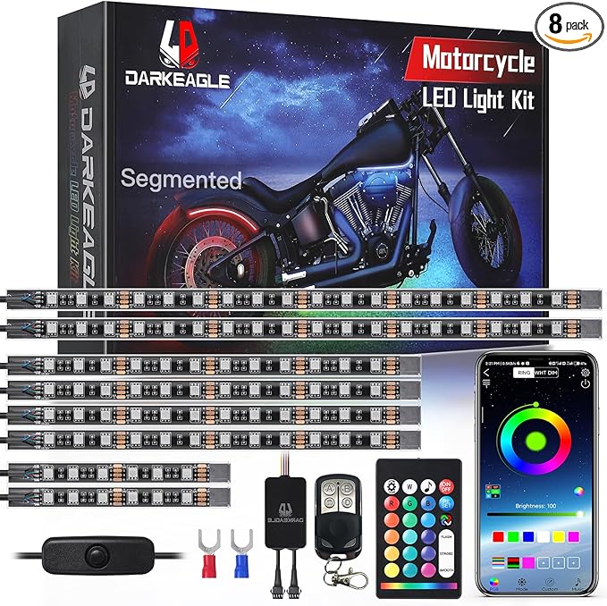 8PCS Segmented Motorcycle RGB LED Light Kits with APP/RF Remote, Multicolor Underglow Lights with Brake Turn Signal, 12V Waterproof Strip for Sport Bike, Cruiser, Street & Dirt Motorcycle