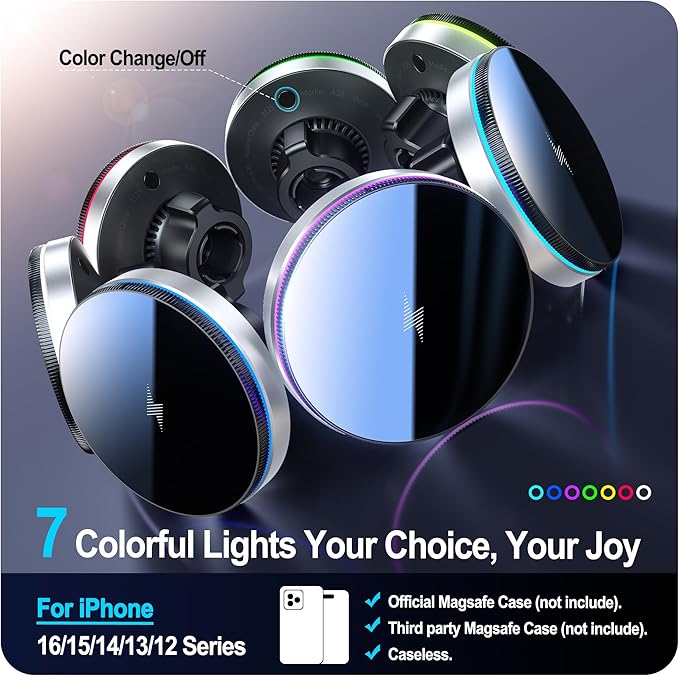 Beser for MagSafe Car Mount Charger, (4.13 lbf) Large Magnetic, 15W Qi Wireless Charger for Car, Vent/Dashboard, Phone Holder for iPhone 15/14/13/12 Series, 7 Color Lights, Aluminium, Silver