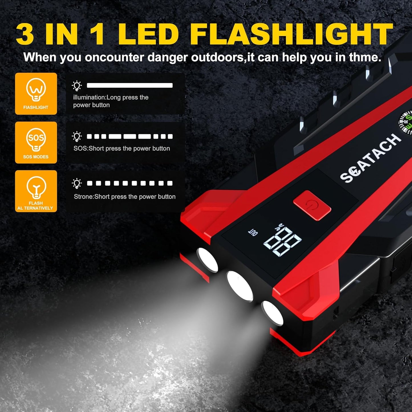Scatach 011 3000A Car Battery Jump Starter,12V Jump Starter Battery Pack (up to 9.0L Gasoline and 7.0L Diesel Engine), Portable Jump Box with 3 Modes Flashlight and Jumper Cable