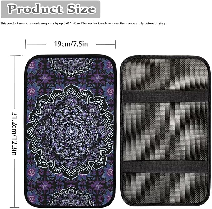Boho Mandala Flower Print Car Center Console Armrest Cover Dust-Proof Universal Armrest Box Cover Center Console Pad for Truck Sedan SUV, Easy to Install, Purple