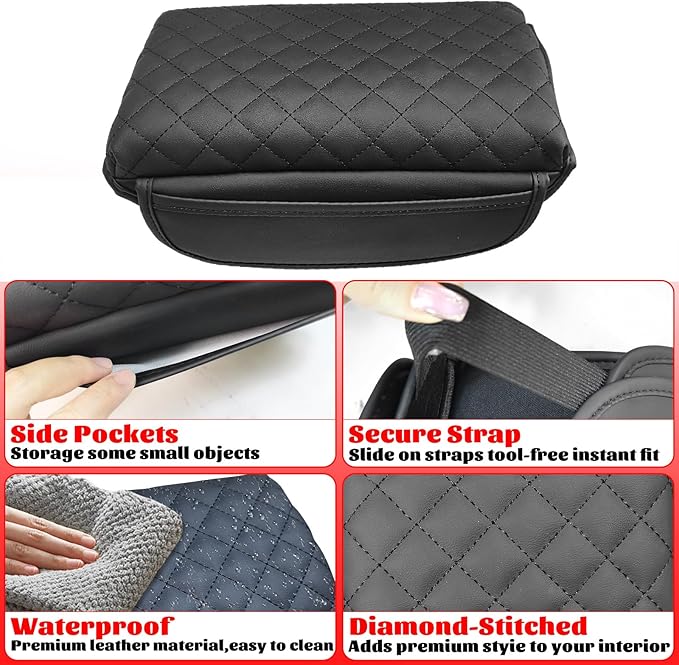 Center Console Armrest Cover Compatible with Ford Bronco 2021-2025 2/4-Door Leather Arm Rest Lid Protector Cushion Pad with Side Pockets Interior Accessories Prevent Scratching Black