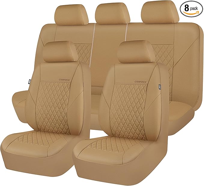 CAR PASS Faux Leather Seat Covers Full Set, Quilting Waterproof Premium Automotive Seat Cover with 5mm Composite Sponge Inside,Airbag Compatible, Universal for Most Cars Sedan SUV Truck, All Beige