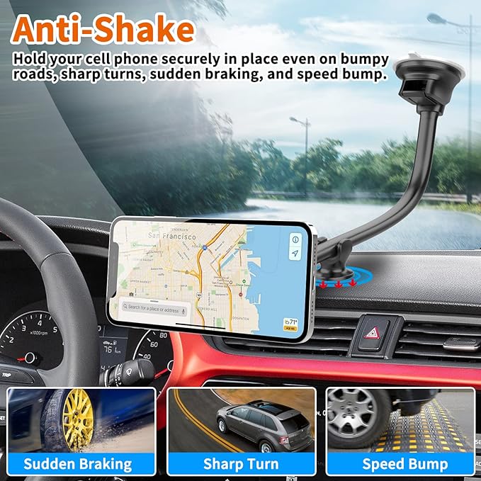 1Zero Magnetic Phone Car Mount 14-Inch Gooseneck Long Arm Extension, Universal Windshield Dashboard Industrial-Strength Suction Cup Car Phone Holder for All Cell Phones (Magnetic Phone Mount)