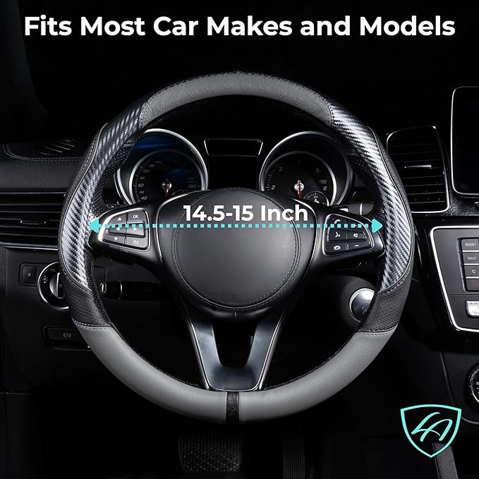Lord Autofashion Steering Wheel Cover – PU Leather, Non-Slip Rubber Inner, All-Season Comfort – 14.5–15 Inch (Black/Grey 7685)