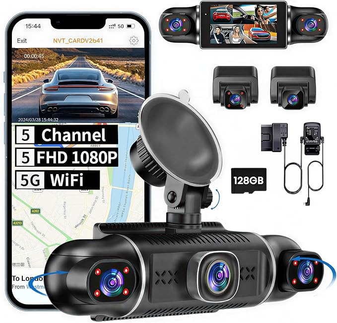 5 Channel 1080P*5 Dash Cam Front Rear Left Right Cabin with OBD2 Power Cable, 360° Coverage Dash Camera for Cars with 128GB SD Card, 5G WiFi & App Control, G-Sensor, 24H Parking Mode, Loop Recording