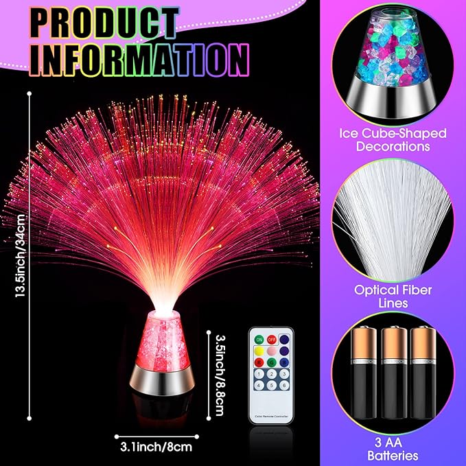 2 Pack LED Fiber Optic Lamp with Remote Control, 13.5" Multicolored Changing Fiber Optic Lights, Crystal Base Battery Powered Glitter Light for Room Wedding Disco Party Birthday Carnival Holiday