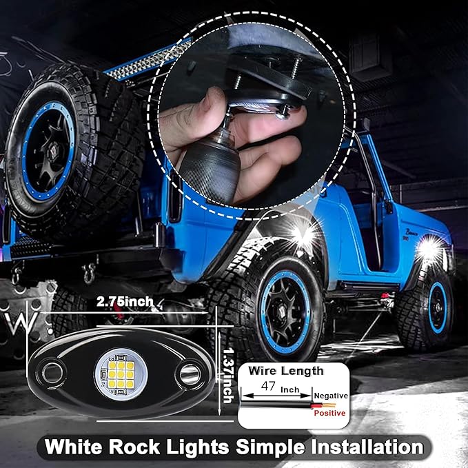White Rock Light 12pods 6000k Pure White Led Rocks Lights kit Ip68 Waterproof 47inch Extension Wires for ATV Rv Utv SUV Offroad Pickup Trucks Golf Boat Cars Trailer Fender Underglow Lighting (White)