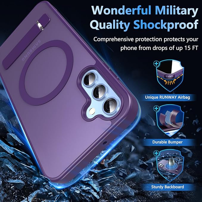 OWKEY for Samsung Galaxy A15 5G Phone Case with Screen Protector & Stand, Magnetic Case for Magsafe Military-Grade Protection Shockproof Matte Cover for Samsung Galaxy A15 5G (Purple)