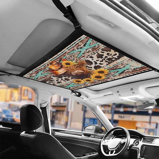 NDISTIN Highland Cow Car Ceiling Cargo Net Pocket Zip Up Car Ceiling Storage Net with Adjustable Buckle Southwest Aztec Car Roof Seat Organizer Keeps Car Interior Tidy