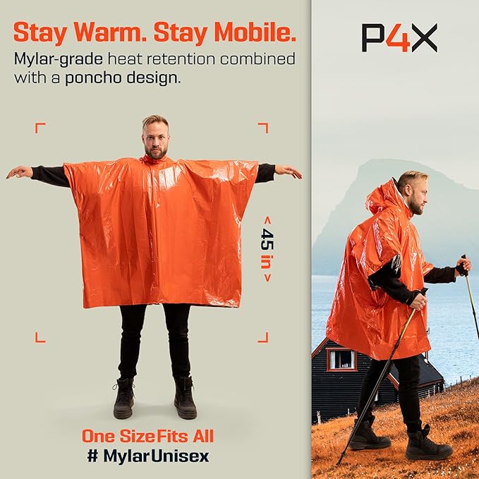 PREPARED4X Emergency Mylar Poncho – Survival Rain Poncho with Hood – Lightweight, Compact, Reusable Emergency Blanket Poncho for Hiking, Camping, Thermal Gear, Car Kit, Outdoors