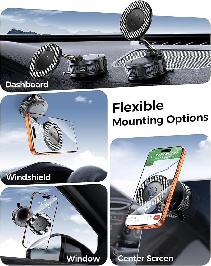 Car Phone Holder for Magsafe – [Carbon Fiber] Phone Mount for Car [Super Strong Magnetic, 360° Adjustable, 108LBS Vacuum Suction] Phone Holders for Your Car, Car Accessories for iPhone 17–12 Series