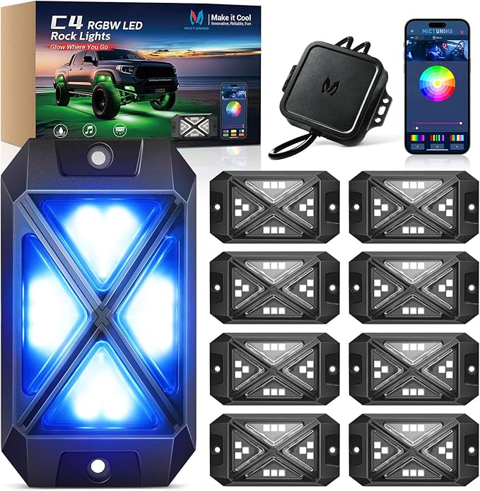 MICTUNING C4+ RGBW Rock Lights, 8 Pods 360° Ultra Bright Pure Color Underglow Neon Lights, Bluetooth APP Control & Music Mode, IP68 Waterproof, for Trucks Cars ATV UTV Golf Cart (2 Year Warranty)