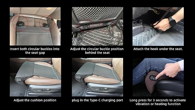 JUPENG Car Seat Leg Extender with Heat & Massage, USB Powered Multi-Level Memory Foam Under Thigh Leg Support Cushion for Driver Seat, Office Chair & Travel, Universal Comfort Pad (Black)