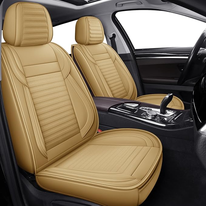 LINGVIDO Front Car Seat Covers, Faux Nappa Leather, Airbag Compatible and Waterproof Protectors for Sedans SUVs, Breathable Anti-Slip Interior for Commuters and Rideshare, Beige