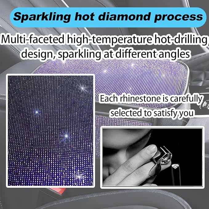 Bling Car Center Console Cover, Crystal Rhinestone Vehicle Armrest Cover Cushion with 2 Storage Bags for Women Girls, Diamond Auto Storage Box Protector Pad, Universal Fit (Purple)