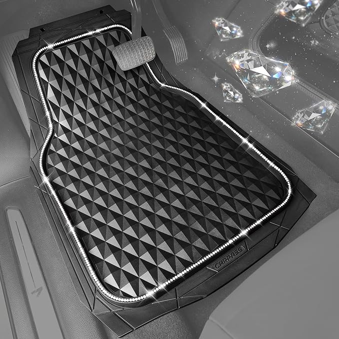 CAR PASS Bling Diamond Black Rubber Car Mats, Heavy Duty Deep Dish All-Weather Floor Mat Anti-Slip 3D Rhombus Waterproof Trim to Fit Liner Universal Glitter Sparkly Shining Rhinestone, 3 Pcs Silver