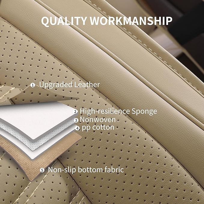 Nappa Leather Car Seat Covers Full Set, Beige Car seat Protector 5 Seats, Waterproof Car Seat Cushion, Universal Automotive Seat Covers Fit for SUV Truck Pick-up Sedan, Front and Rear
